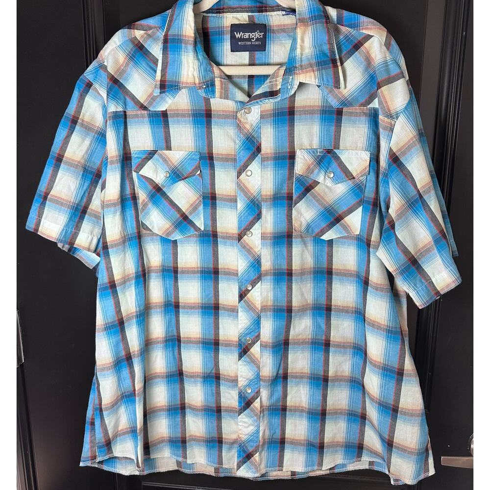 🌻Wrangler Men's Western Fashion Snap Shirt XXL Pearl Snap Blue White Plaid